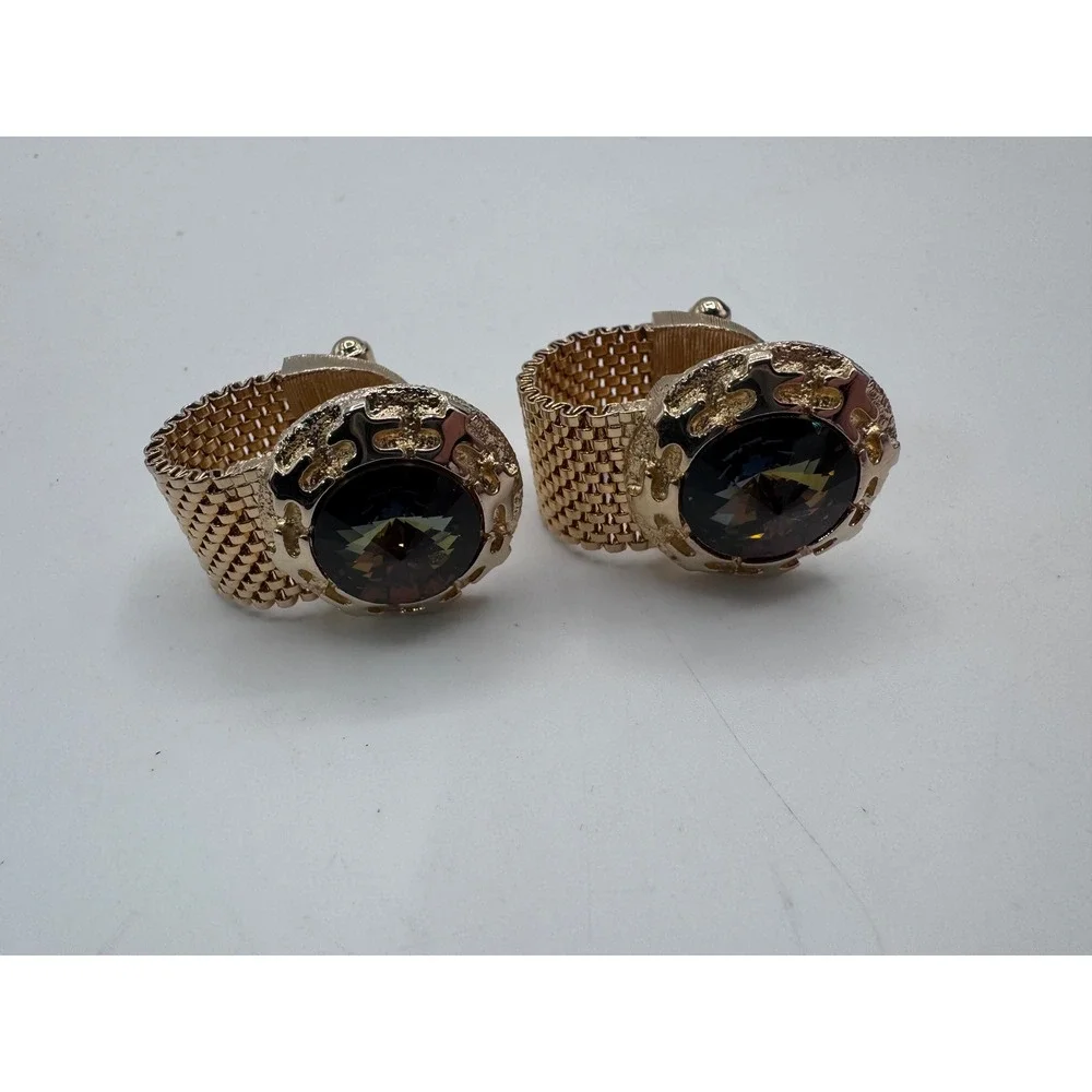 Vintage Gold Tone Mesh‎ Wrap Cufflinks Smoky Rhinestone Statement Men's